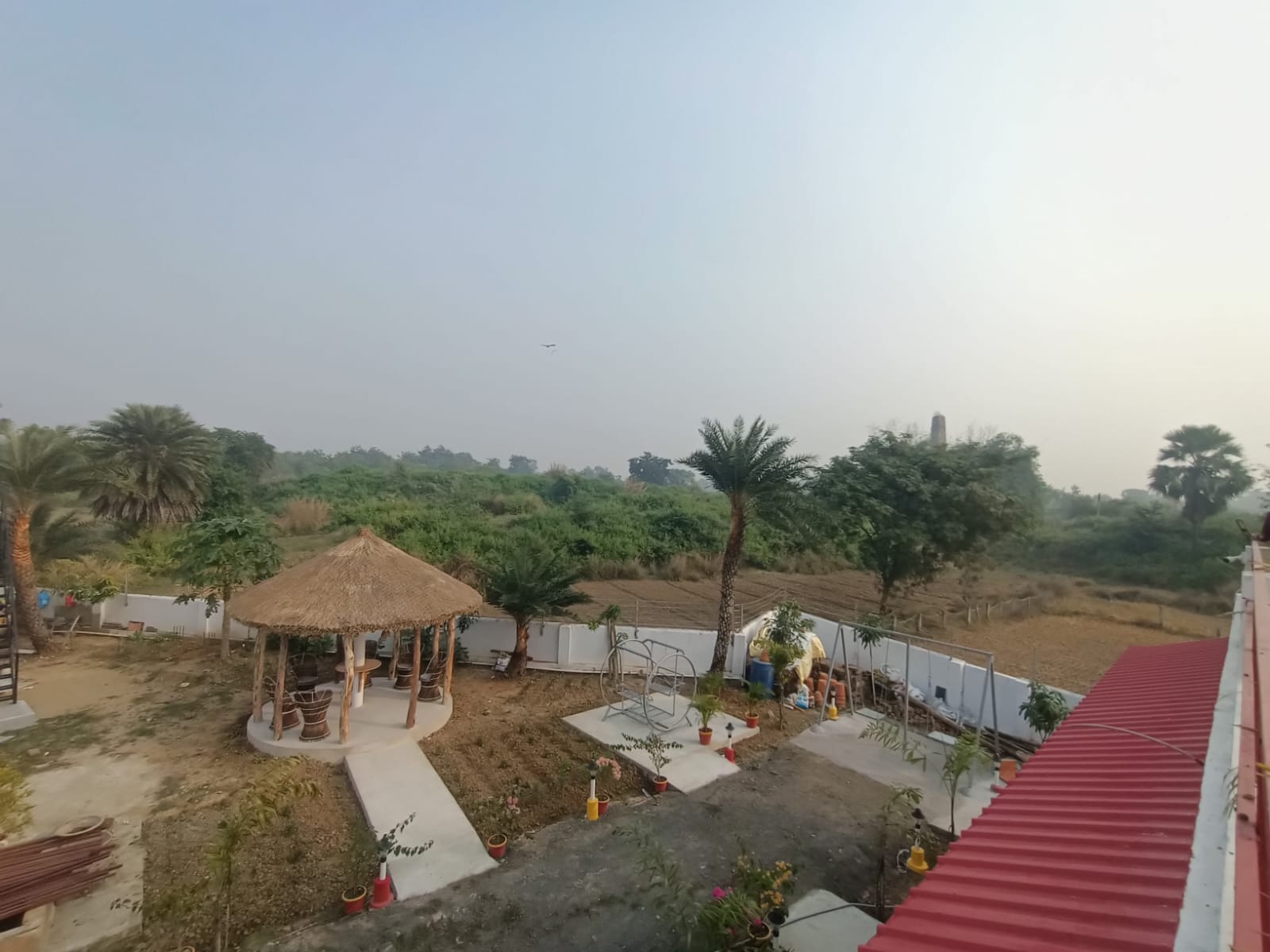 Homestay aerial view at dusk
